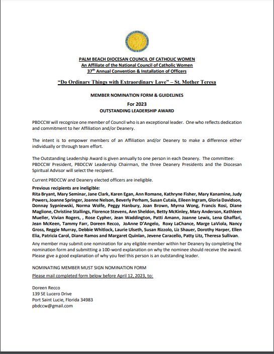 Outstanding Leadership Award Nomination Form and Guidelines Palm Beach Diocesan Council of